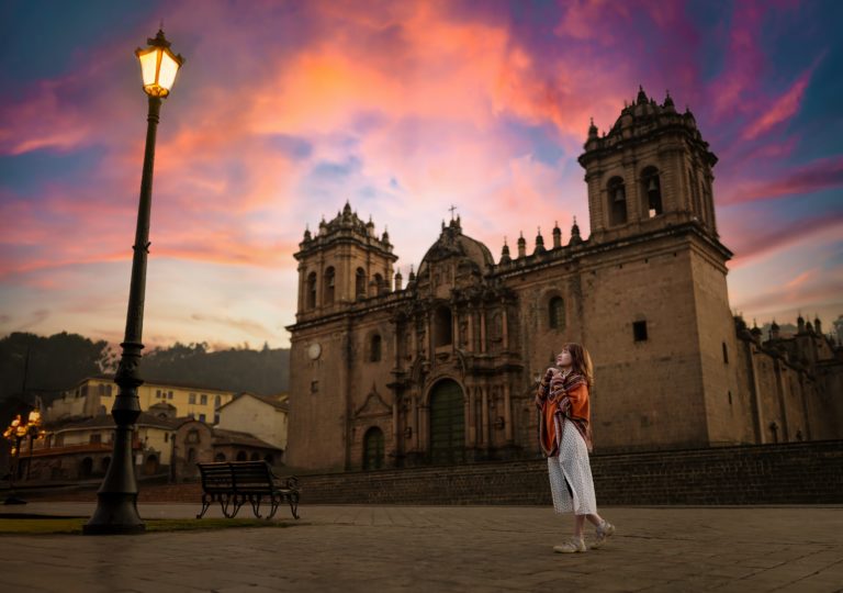 Girl,Portrait,As,Tourist,Visiting,Cusco,,Peru.,City,Scape,With